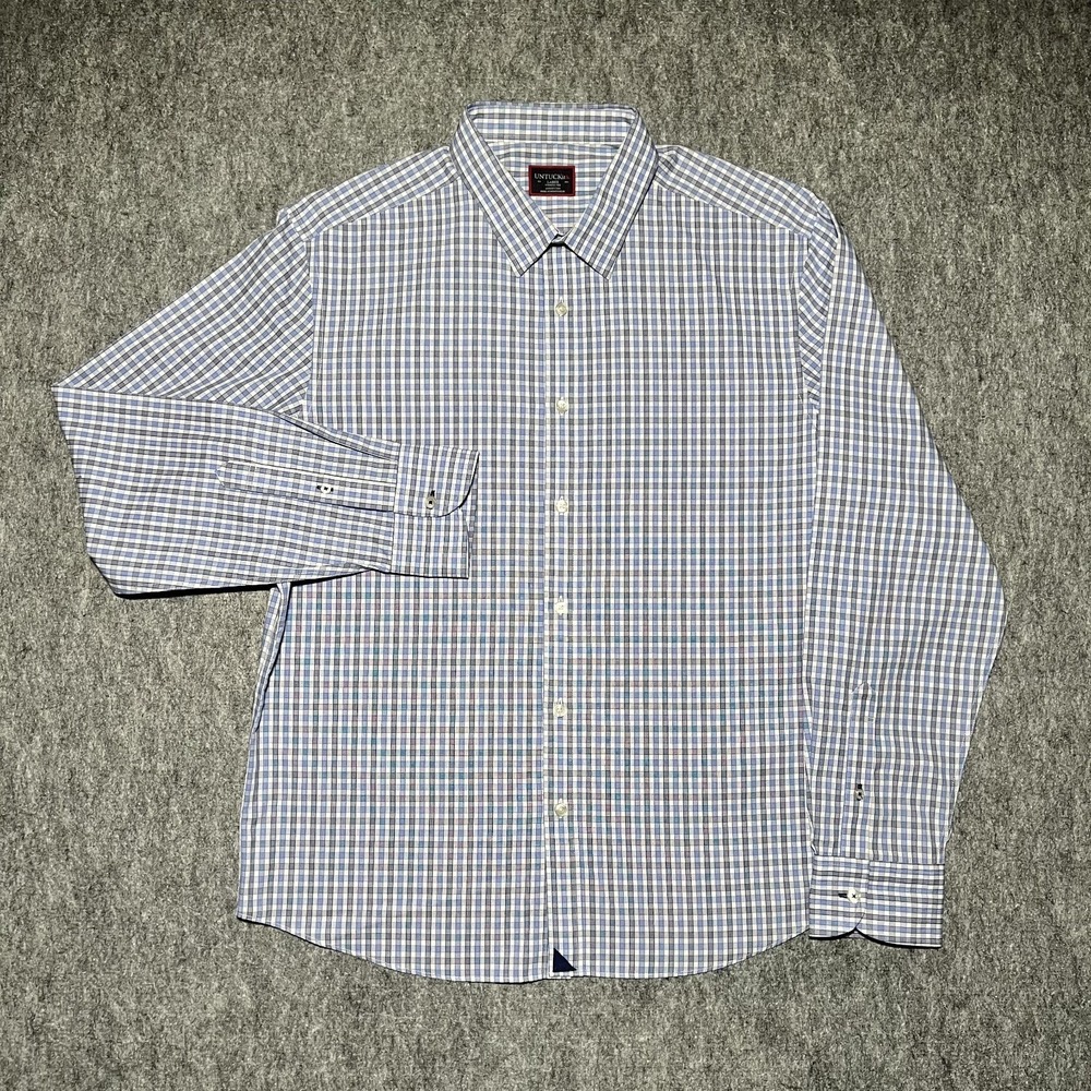 UNTUCKit Durif WF Regular Fit Men L Blue Plaid Wrinkle Free Cotton Dress Shirt